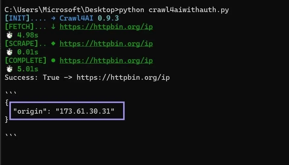 Testing Crawl4AI authenticated proxy integration via Windows CMD.
